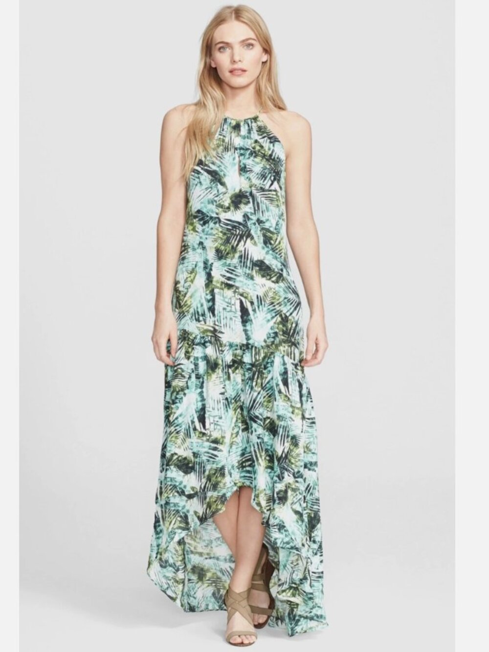 PARKER Amazonia High Low Dress Sz XS Green White Palm Tropical Print $297